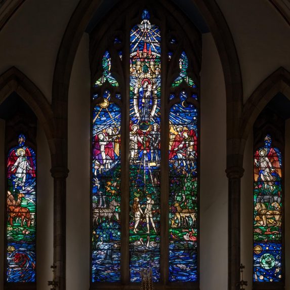 The Redemption of Creation window by M. E. Aldrich Rope, Church of St Chad, Far Headlingley, Leeds Complete view of The Redemption of Creation window by M. E. Aldrich Rope, Church of St Chad, Far Headlingley, Leeds | Photo: Peter Hildebrand