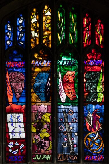 John Piper & Patrick Reyntiens, Symbols of the Evangelists with their Old Testament antecedents (1961), Church of All Hallows, Wellingborough