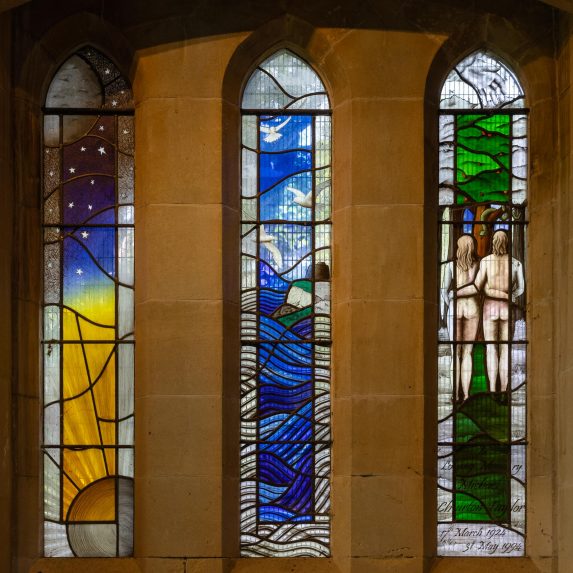Alison Eaton, Last three lancets of The Creation window (2014)- Church of the Holy Trinity, Folkestone | Photo: Peter Hildebrand