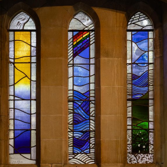 Alison Eaton, First three lights of The Creation window (2014)- Church of the Holy Trinity, Folkestone | Photo: Peter Hildebrand