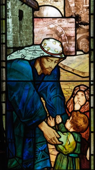 Stephen Adam Jun., detail of south west window, Our Lord blessing Children (1909), Church of St James the Less, Bishopbriggs, E Dunbartonshire. Stephen Adam Jun., detail of south west window, Our Lord blessing Children (1909), Church of St James the Less, Bishopbriggs, E Dunbartonshire. | Photo: Peter Hildebrand