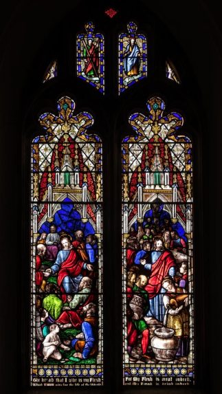 Charles Clutterbuck, Feeding the Five Thousand and the Marriage at Cana, chancel south window, Church of St Nicholas, Cholderton, Wiltshire. | Photo: Peter Hildebrand