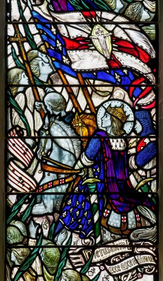 Louis Davis and James Powell & Sons, St Louis of France, detail of Benedicite windows (1910), St Colmon Parish Church, Colmonell, South Ayrshire. Louis Davis and James Powell & Sons, St Louis of France, detail of Benedicite windows (1910), St Colmon Parish Church, Colmonell, South Ayrshire. | Photo: Peter Hildebrand