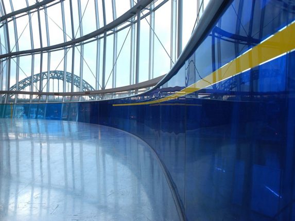 Kate Maestri, detail of 200m curved, structural stained glass balustrade (2004), Sage Gateshead, Tyne & Wear. | Photo: Kate Maestri