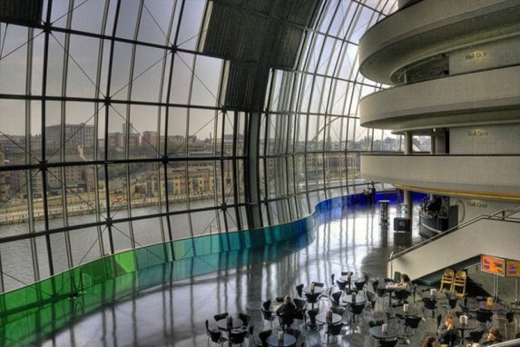 Kate Maestri, stained glass balustrade (2004), Sage Gateshead. Kate Maestri, stained glass balustrade (2004), Sage Gateshead. | Photo: Kate Maestri