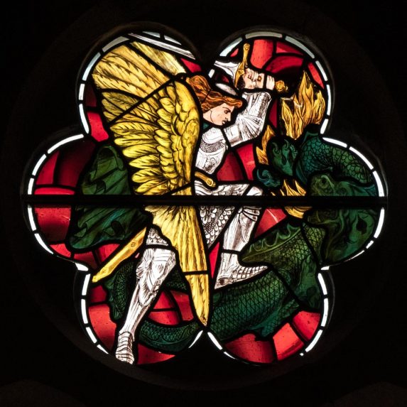 Peter Paul Marshall and Morris, Marshall, Faulkner & Co., detail of St Michael and the Dragon west window of the south aisle (1862), Church of St Michael and All Angels, Brighton, East Sussex. | Photo: Peter Hildebrand