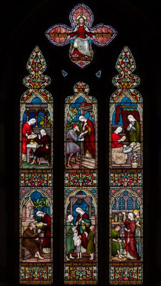 Frederick Preedy, Christ in Majesty & Six Corporal Acts of Mercy east window (1869), Church of St Andrew, Cleeve Prior, Worcesteshire. | Photo: Peter Hildebrand