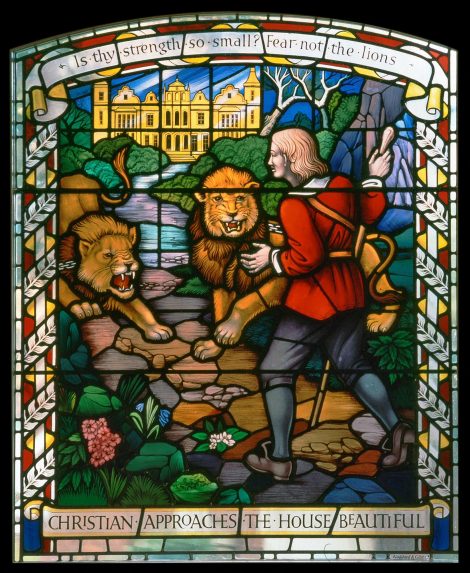 A. E. Buss and Goddard & Gibbs, one of a series of eight windows illustrating 'A Pilgrim's Progress' (1998), Bunyan Meeting House and Museum, Bedford. A. E. Buss and Goddard & Gibbs, one of a series of eight windows illustrating 'A Pilgrim's Progress' (1998), Bunyan Meeting House and Museum, Bedford. | Photo: By kind permission of the Trustees of Bunyan Meeting, Bedford, England