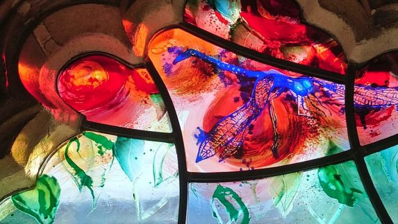 Hughie O’Donoghue RA and Grace Ayson, detail of the Damson Tree window (2018), Canterbury Cathedral. | Photo: Léonie Seliger