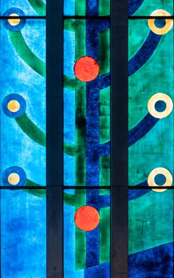 John Piper and David Gillespie Associates, detail from Baptistry window (1967), Church of All Saints, Clifton, Bristol. | Photo: Peter Hildebrand
