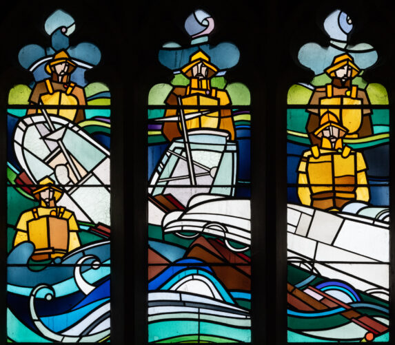 Tim Lewis and Glantawe Studios, detail of the Lifeboat window (1977), Church of All Saints, Mumbles, Swansea. Tim Lewis and Glantawe Studios, detail of the Lifeboat window (1977), Church of All Saints, Mumbles, Swansea. | Photo: Peter Hildebrand