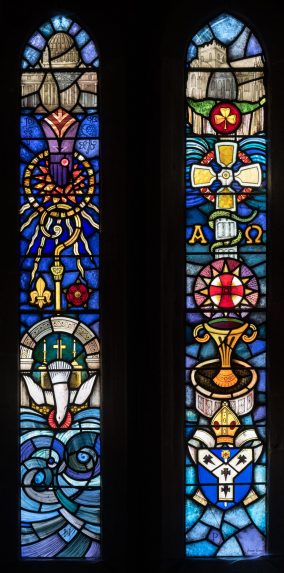 Jane Gray, St Ninian and St Patrick, south nave window (1975), Church of St Peter, Martindale, Cumbria. | Photo: Peter Hildebrand