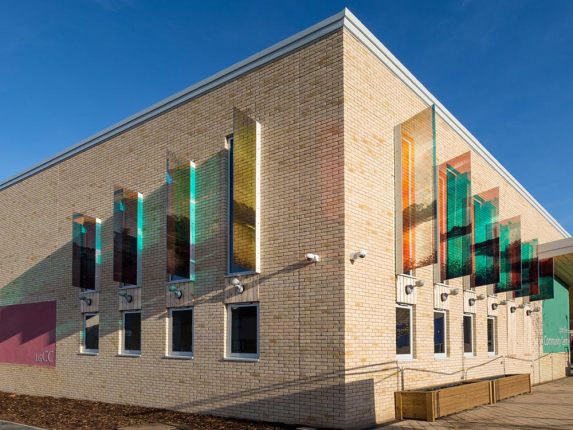 Andrew Moor, dichroic glass fins (2017), Lyde Green Community College, Bristol. Andrew Moor, dichroic glass fins (2017), Lyde Green Community College, Bristol. | Photo: Andrew Moor