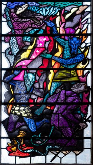 W. T. Carter Shapland, detail of St Benedict's Chapel east window (c.1958), Peterborough Cathedral, Cambridgeshire. | Photo: Peter Hildebrand