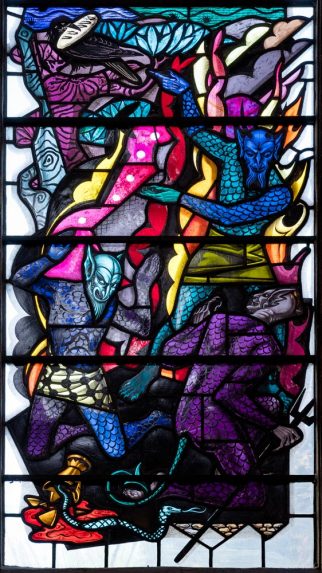 W. T. Carter Shapland, detail of St Benedict's Chapel east window (c.1958), Peterborough Cathedral, Cambridgeshire. W. T. Carter Shapland, detail of St Benedict's Chapel east window (c.1958), Peterborough Cathedral, Cambridgeshire. | Photo: Peter Hildebrand