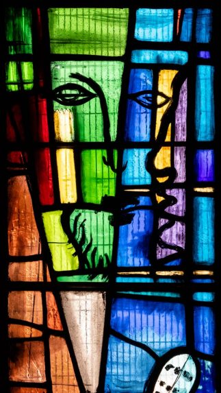 John Piper and Patrick Reyntiens, detail of tower west window (1957-62), The Minster church of St Andrew, Plymouth. | Photo: Peter Hildebrand