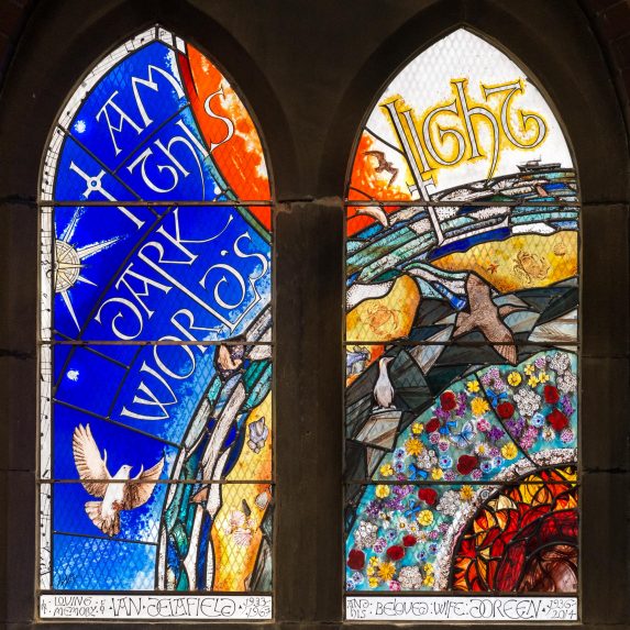 Helen Whittaker, 'I am this Dark World's Light', north nave aisle window (2016), Church of St Aidan, Hartlepool. | Photo: Peter Hildebrand