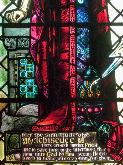 Alfred Webster and Stephen Adam Studio, detail of Melchizedek, south wall, Westruther Parish Church, Scottish Borders. | Photo: Douglas Hogg