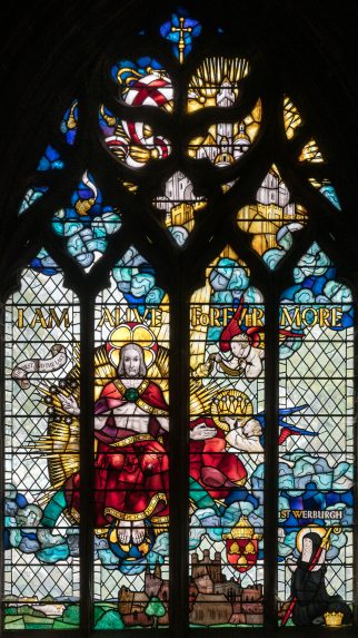 Harcourt Doyle, 'I am alive for ever more', south transept, west aisle, south window (1949), Chester Cathedral, Cheshire. | Photo: Peter Hildebrand