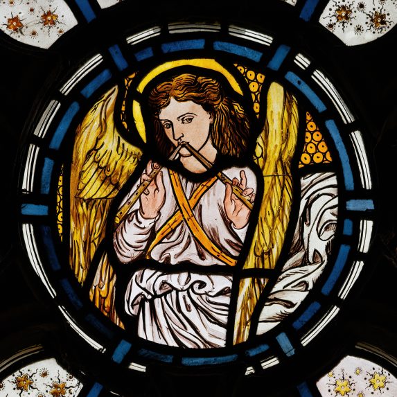 Dante Gabriel Rossetti for Morris, Marshall, Faulkner and Co., Angel (1862), detail of one of the south aisle windows, All Saints Church, Selsley, Gloucestershire. | Photo: Peter Hildebrand