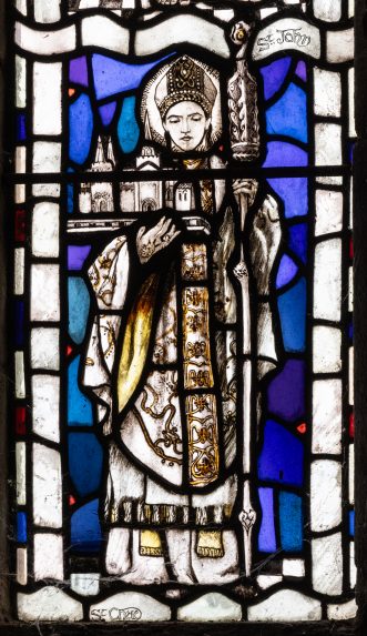 Christopher Whall and Lowndes & Drury, St Chad, detail of east window (1902), All Saints' Church, Brockhampton, Herefordshire. Christopher Whall and Lowndes & Drury, St Chad, detail of east window (1902), All Saints' Church, Brockhampton, Herefordshire. | Photo: Peter Hildebrand