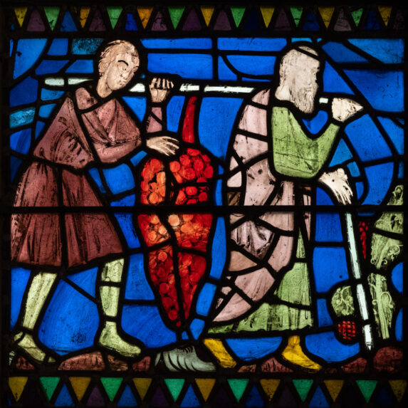 Spies returning with grapes (c.1245), east window, Church of St James, Twycross, Leicestershire. | Photo: Peter Hildebrand