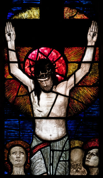 Wilhelmina Geddes and Michael Healy, made at An Túr Gloine, detail of Crucifixion window (1923-24), Holy Trinity Church, Bardsea, Cumbria. Wilhelmina Geddes and Michael Healy, made at An Túr Gloine, detail of Crucifixion window (1923-24), Holy Trinity Church, Bardsea, Cumbria. | Photo: Jozef Vrteil